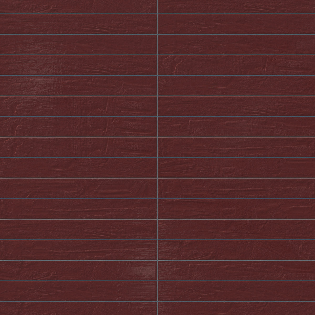 Earthy red 3x24 glossy porcelain tiles arranged in a stacked pattern, where the elongated format and lightly textured surface create a warm, linear appearance.