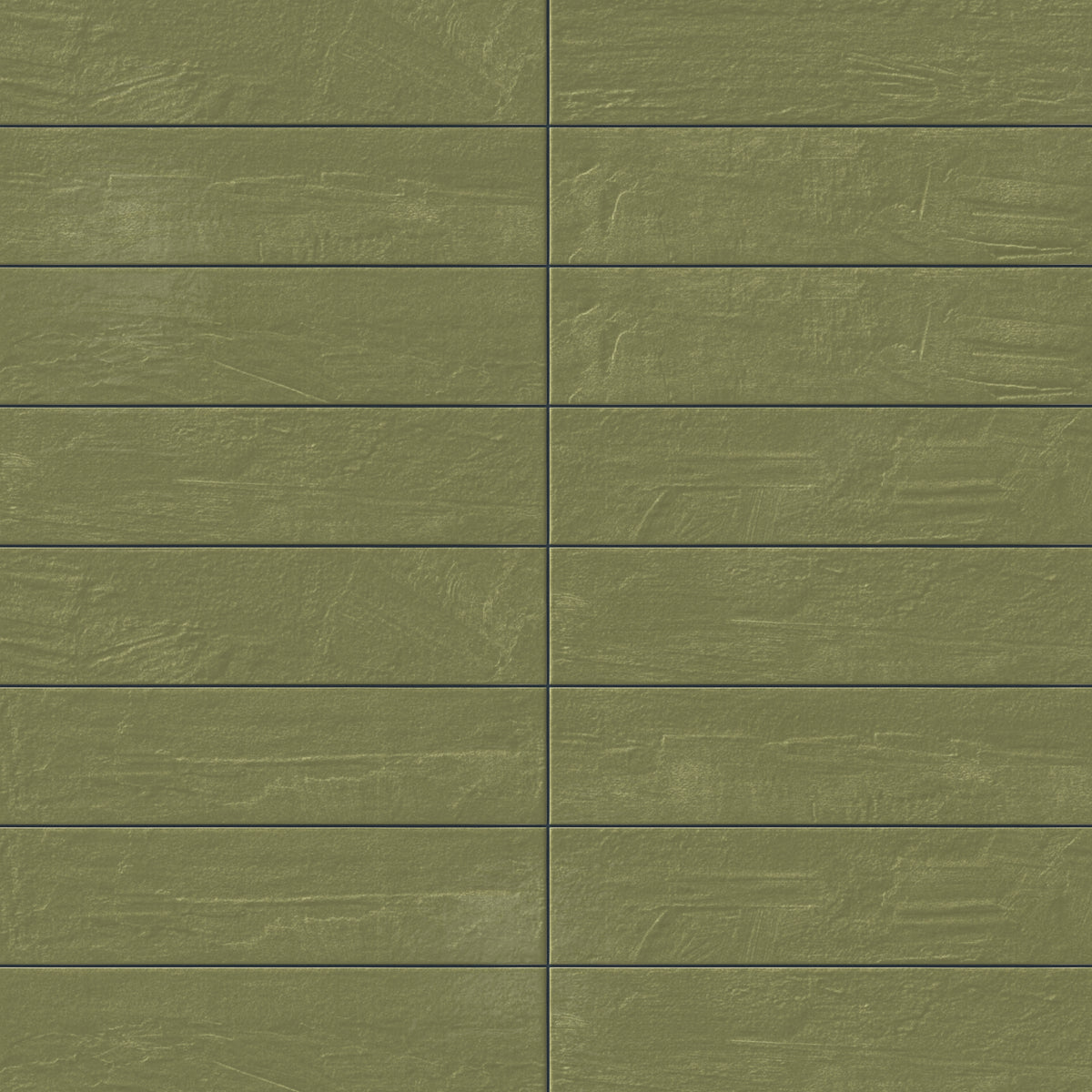 Earthy green 6x24 glossy porcelain tiles showcase subtle surface texture and layered color movement, bringing depth to the clean linear layout.