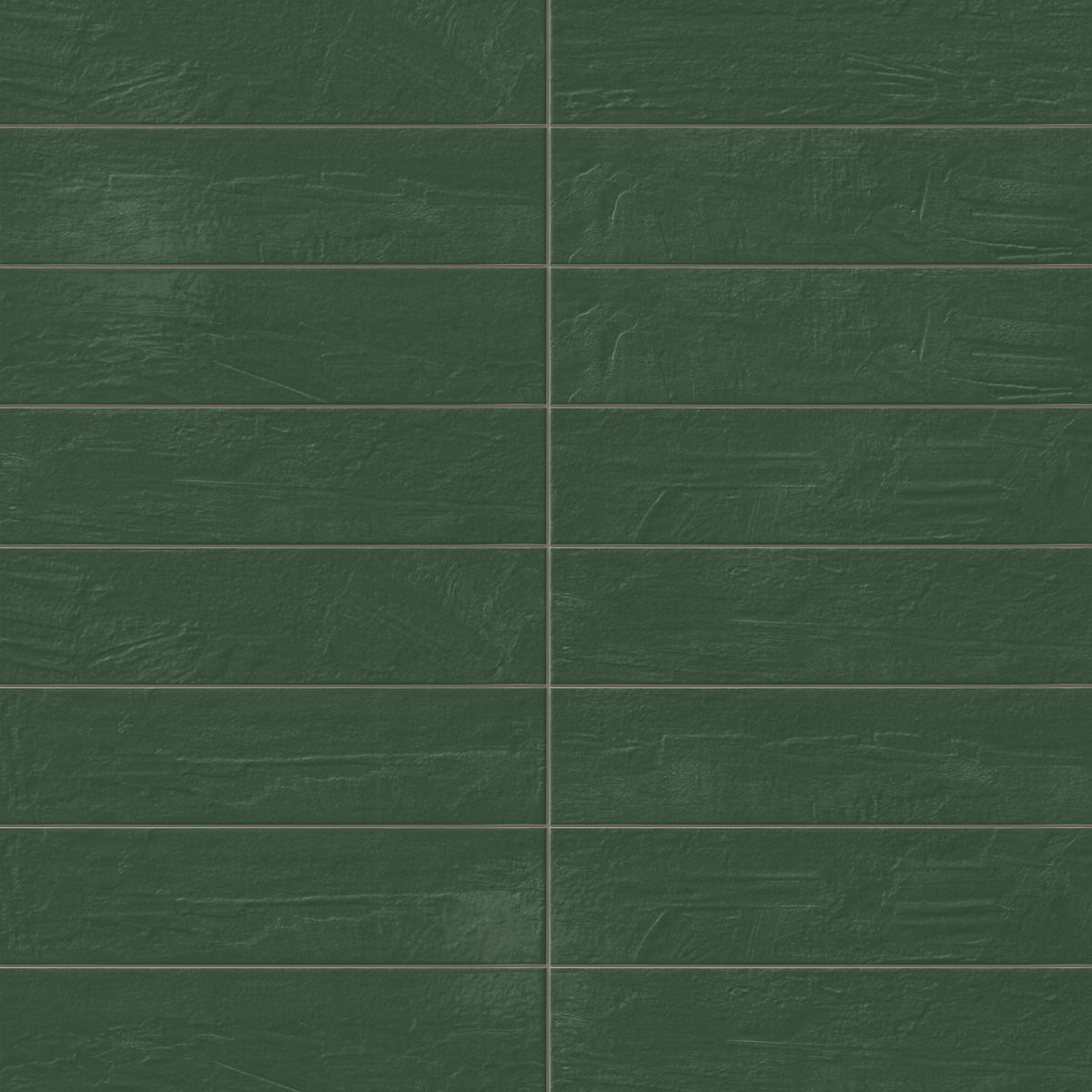 Extending across the stacked layout, these dark green 6x24 glossy porcelain tiles highlight layered color variation, gentle texture, and contemporary appeal.