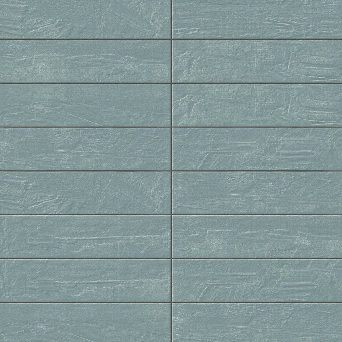 Pastel blue 6x24 glossy porcelain tiles installed in a horizontal stack pattern, featuring a softly textured surface and gentle tonal variation across the elongated format.
