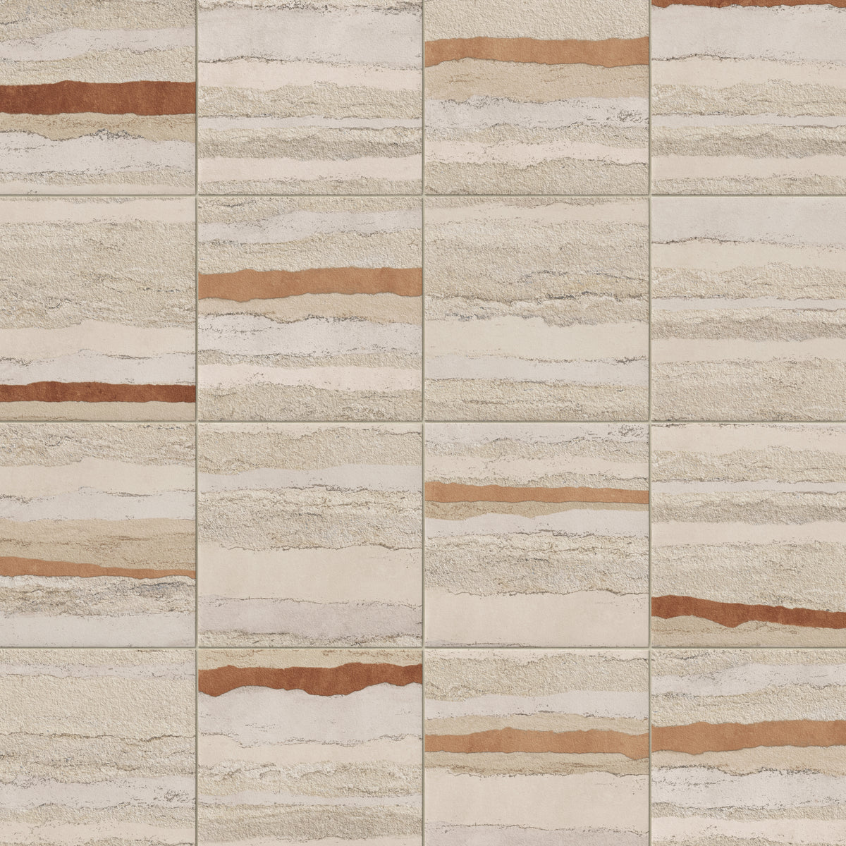 Mid-sized square tiles with subtle texture and layered beige, light grey, and terracotta tones echoing the natural traces of hand-formed clay.