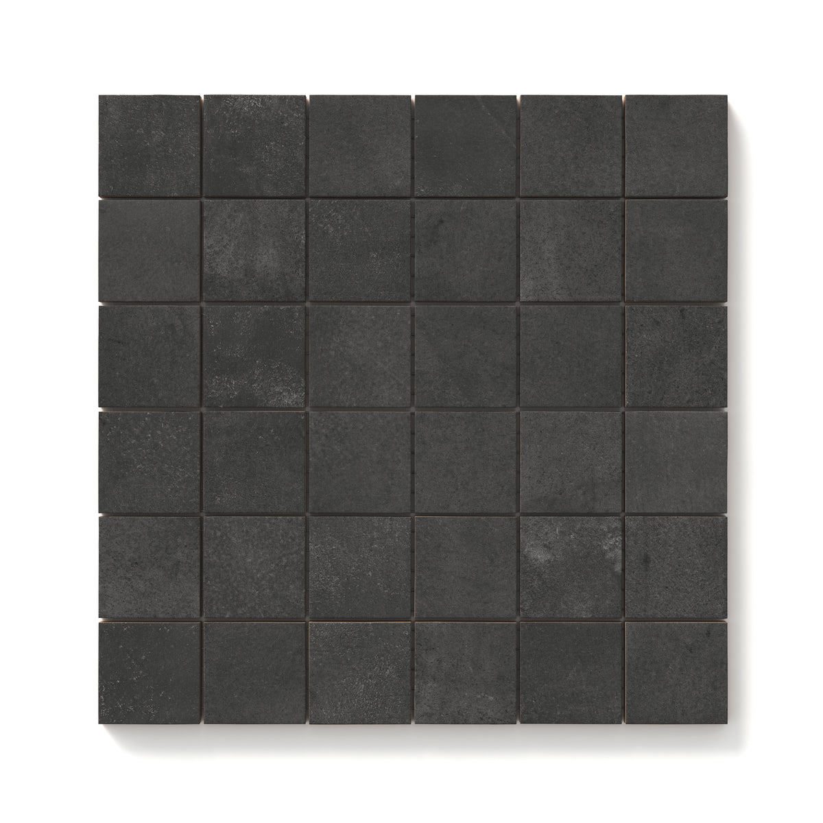 Square porcelain mosaic tile in a matte finish with a smooth, lightly textured surface, featuring a deep gray color with subtle tonal variation.
