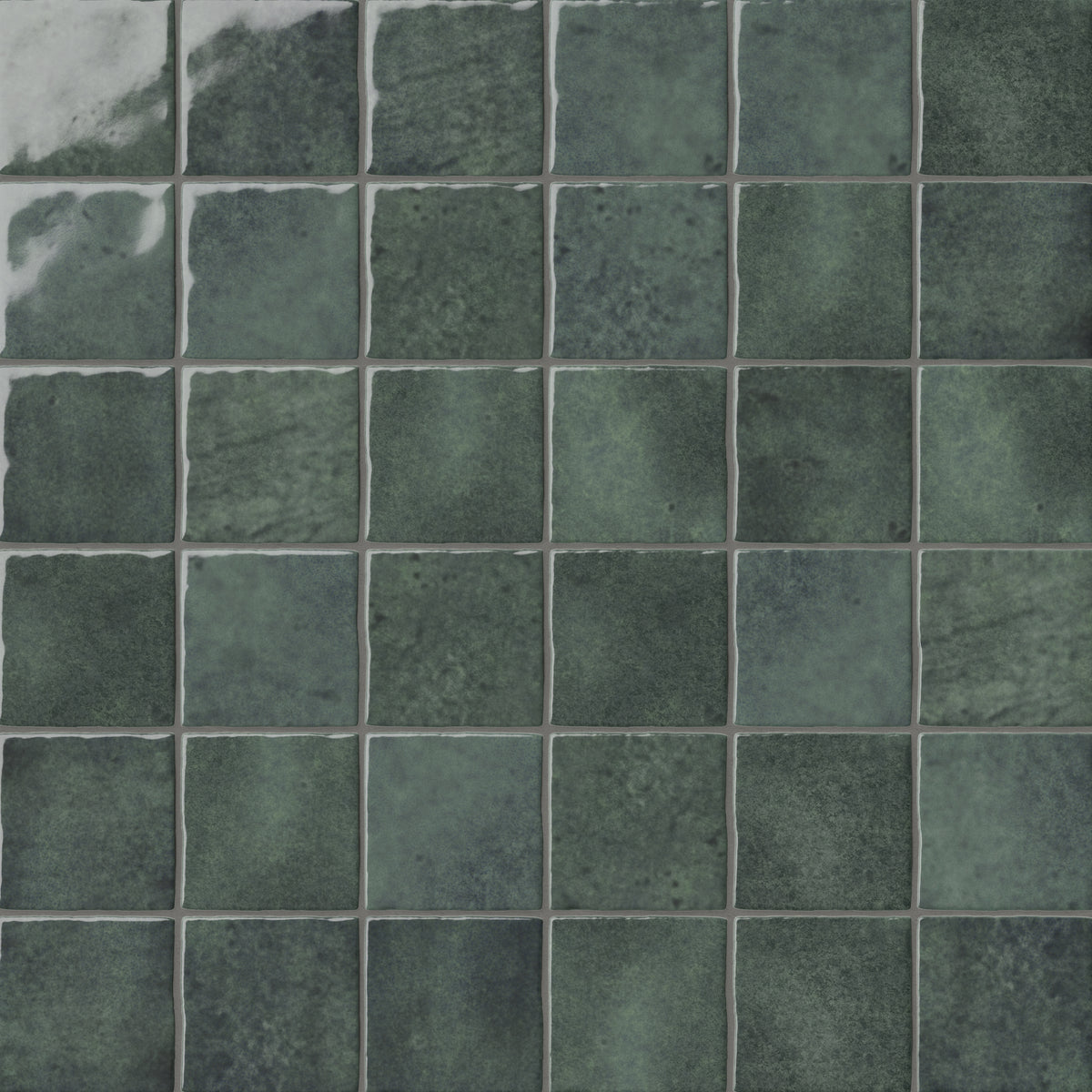 Glossy black 4x4 ceramic wall tiles arranged in a square grid, featuring layered tonal variation, softly irregular edges, and a handcrafted appearance.