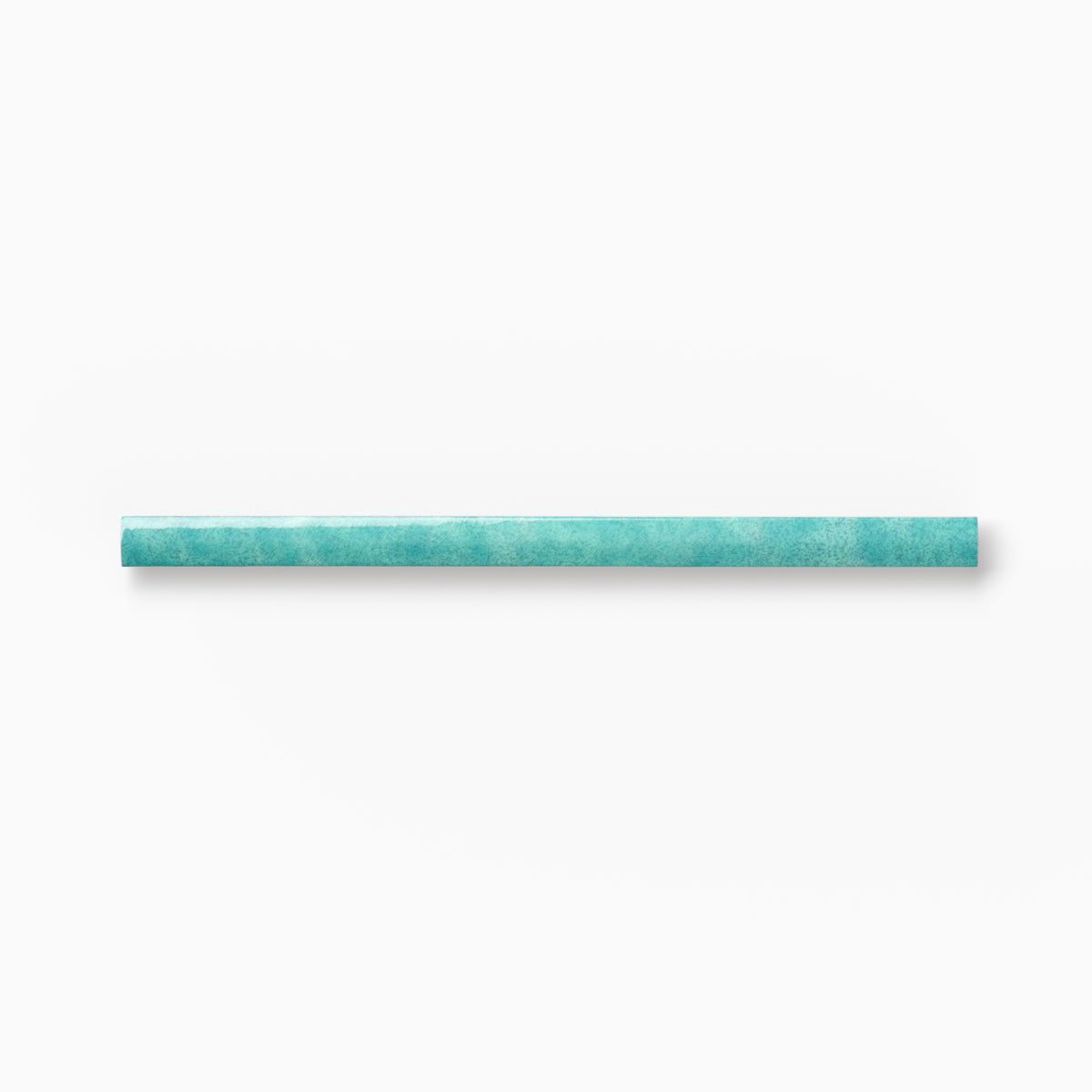 Turquoise trim tile with soft tonal variation, a rounded bullnose profile, and handcrafted surface detailing displayed against a white background.