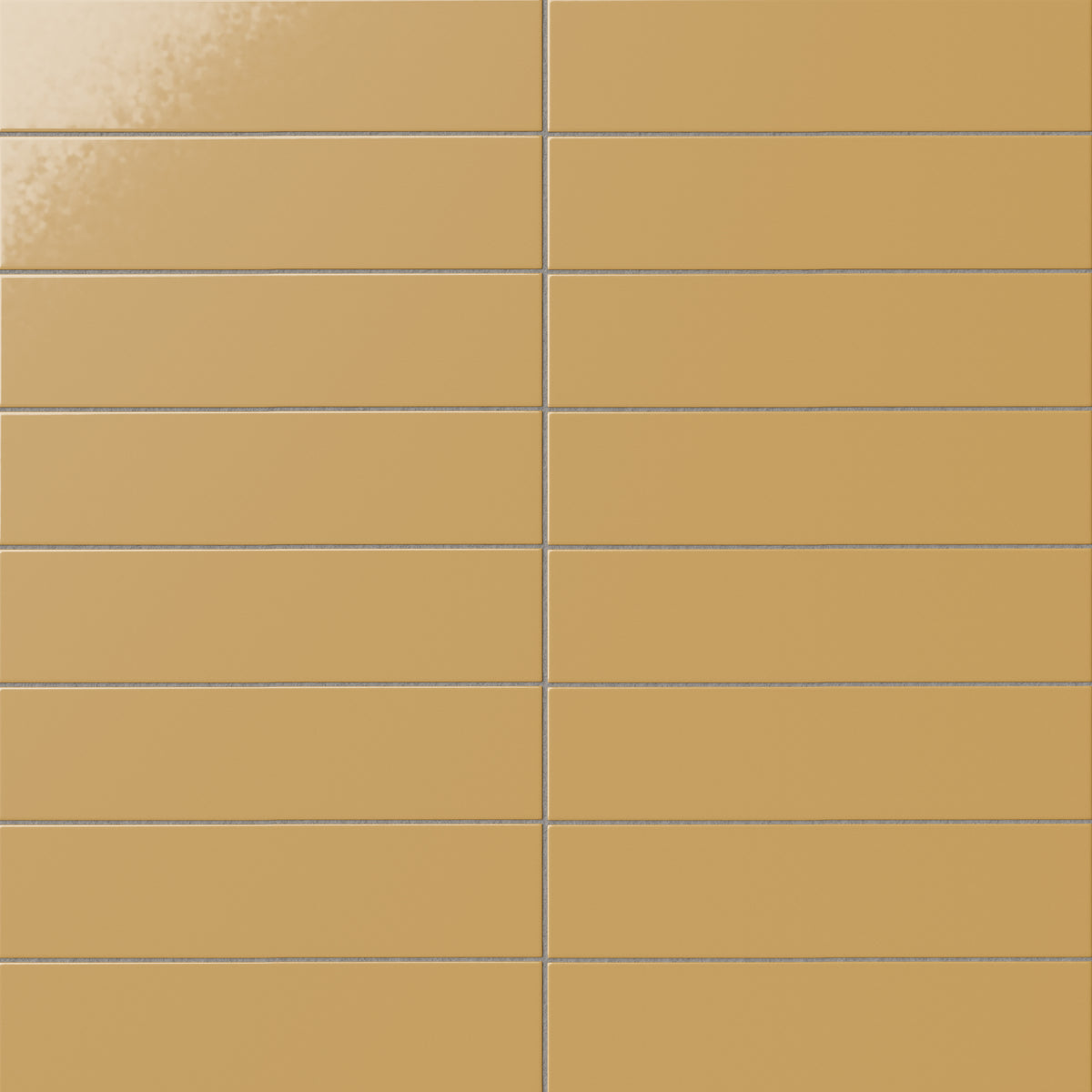 Glossy subway tile in a golden Dijon yellow tone with a flat rectangular design, luminous glaze variation, warm tonal depth, and straight stacked grout lines.