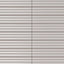 Reeded rectangular tile in a soft ash gray tone with a glossy finish, polished linear fluting, subtle glaze movement, and a sleek contemporary surface.