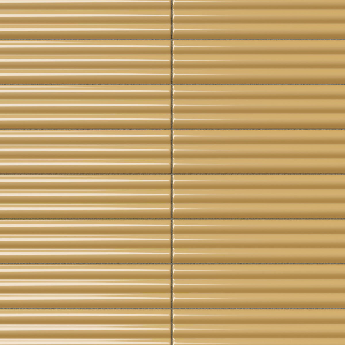 Reeded rectangular tile in a golden Dijon yellow tone with narrow rounded channels, luminous glaze variation, and rich warm tonal depth.