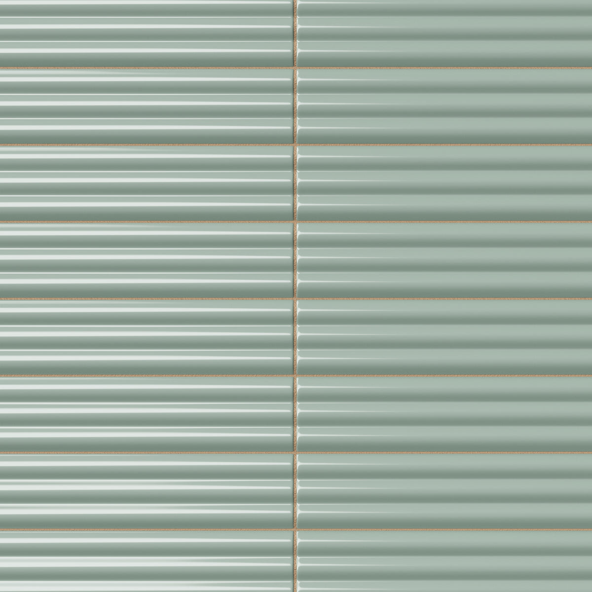 Ridged rectangular tile in a soft sage green tone with a glossy finish, rounded edges, stacked horizontal layout, and subtle handcrafted surface variation.