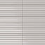 Ridged rectangular tile in a soft ash gray tone with a reflective glaze variation, horizontal ribbed detailing, and a polished contemporary look.