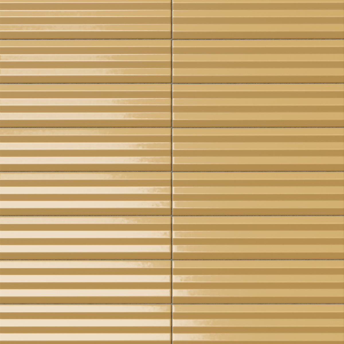 Ridged rectangular tile in a warm Dijon yellow tone with a lustrous glaze movement, horizontal grooves, and rich golden tonal variation.