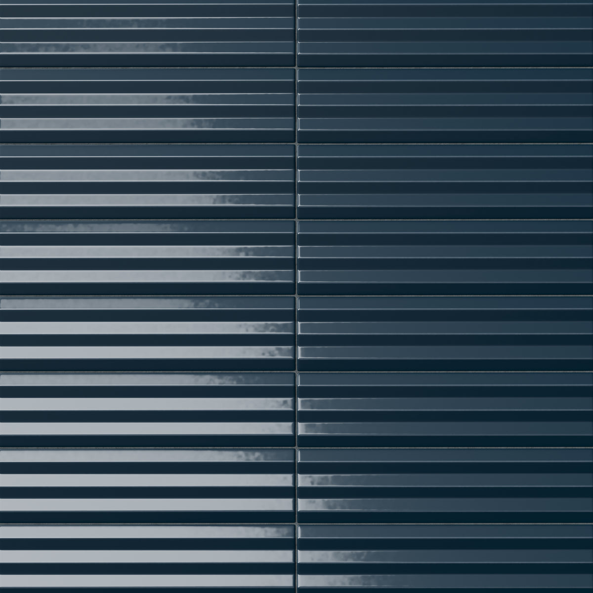 Ridged rectangular tile in a dark midnight blue tone with reflective handcrafted glaze variation, horizontal ribbed texture, and dramatic tonal depth.