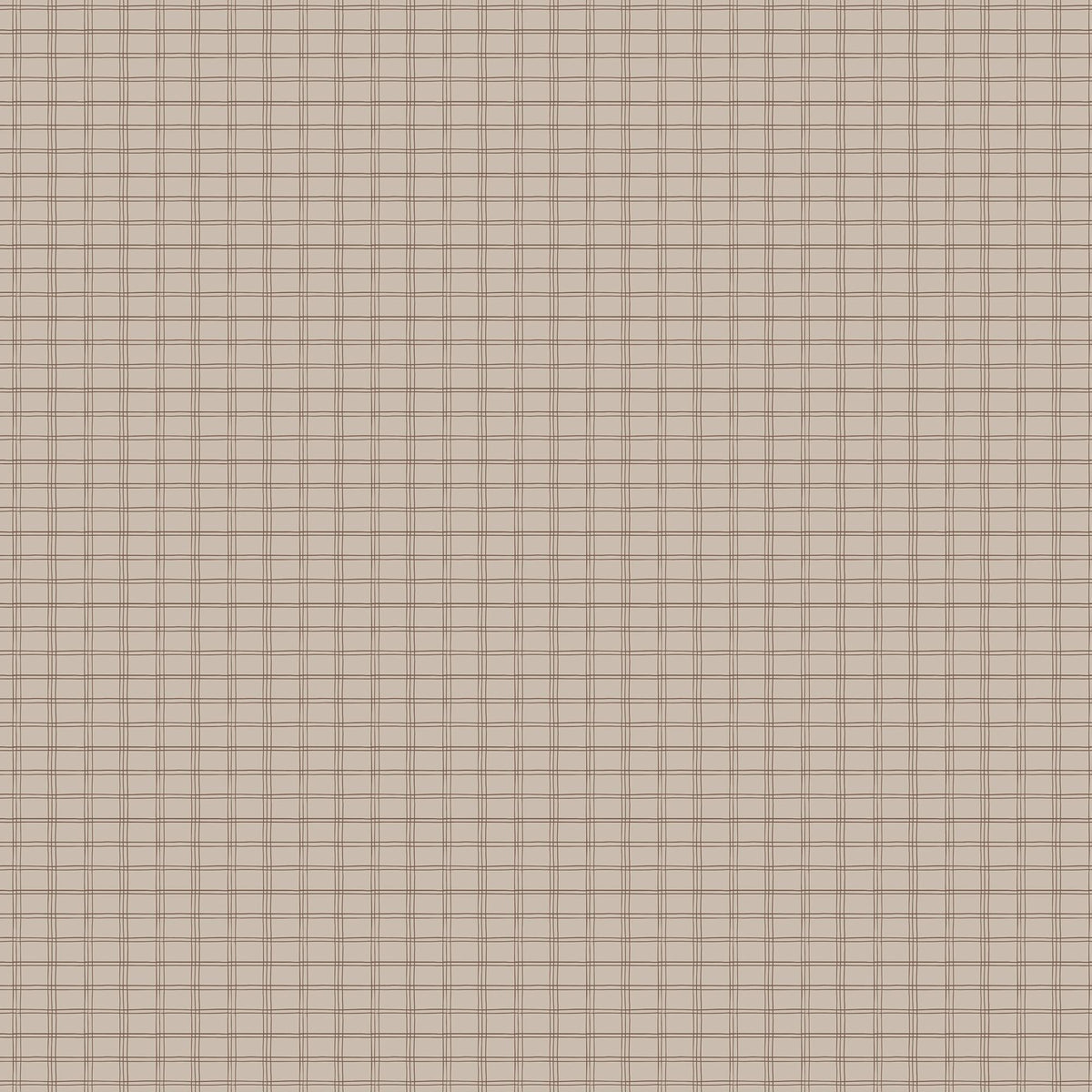 Light taupe plaid wallpaper with brown intersecting lines creating a subtle classic grid pattern.