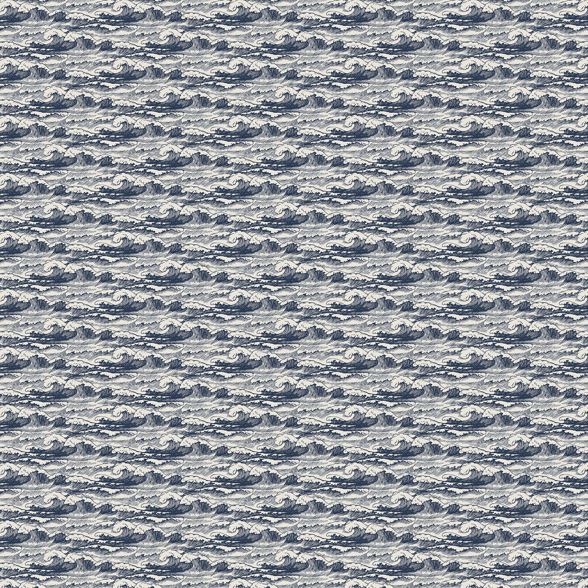 Seamless wallpaper pattern of stylized ocean waves in navy and cream, hand-drawn look with repeating curling surf and fine lines.