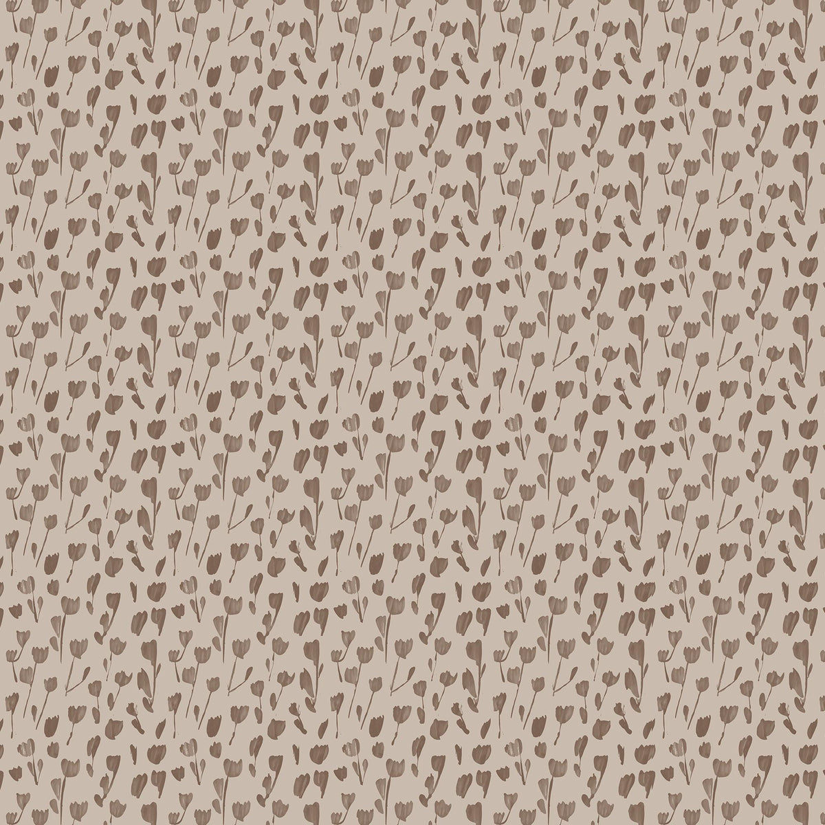 Petaline wallpaper Taupe I, 52x132, shows softly washed brown floral silhouettes over a light taupe background, fitting Scandinavian or minimalist interiors.