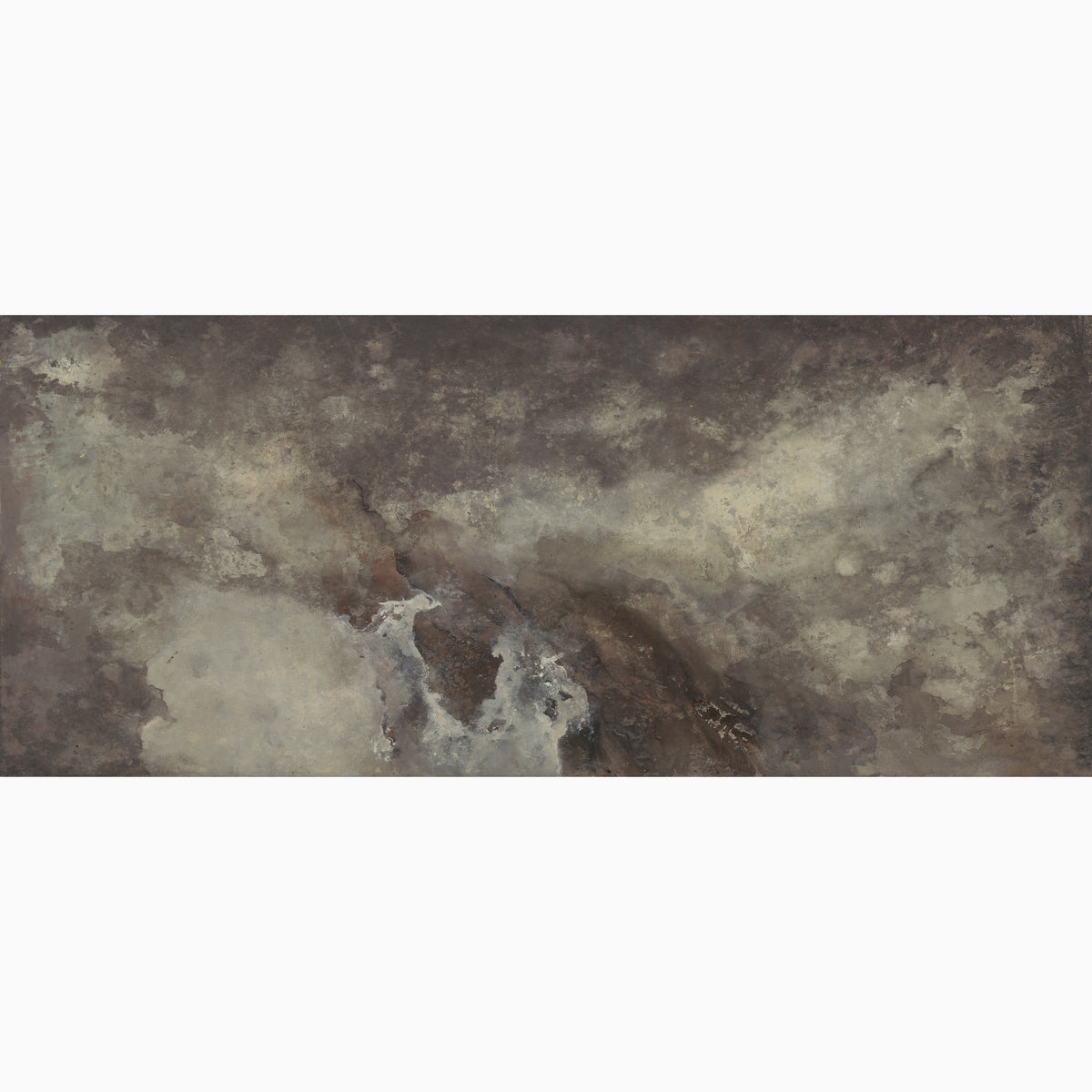 Skyveil Mural in Mistfall IV featuring layered washes of dark taupe and sandy beige tones that create an abstract plaster-like design with organic textures and soft, weathered movement.