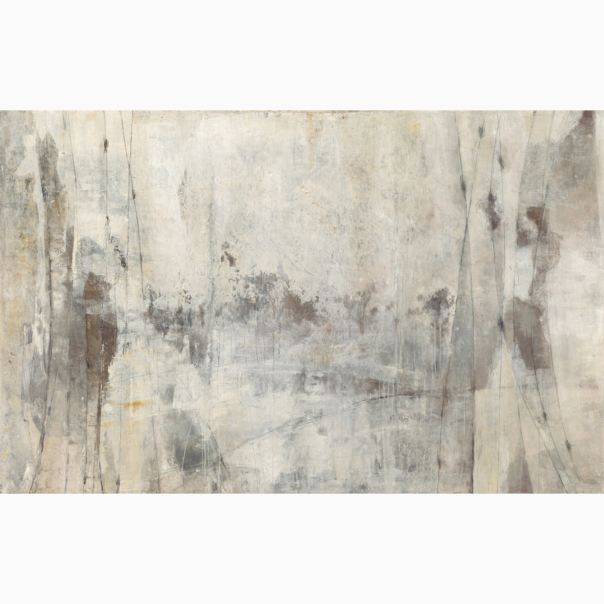 Skyveil Mural in Mistfall VI featuring layered washes of off-white and earthy gray tones forming an abstract plaster-like design with soft textures and subtle weathered movement.
