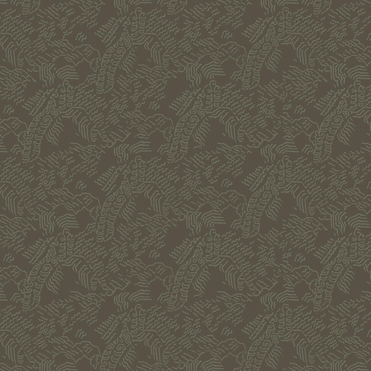 Dark gray abstract contour wallpaper with olive green topographic lines inspired by Tibetan landscapes.