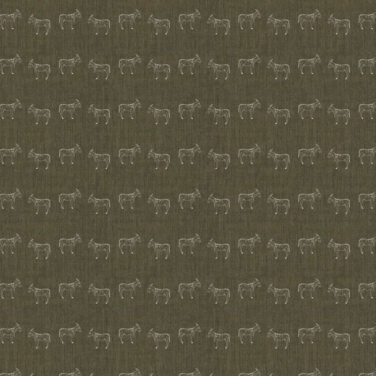 Porter Wallpaper Olive Night I with white donkey motifs across a textured olive green background, a natural fit for western-style interiors.
