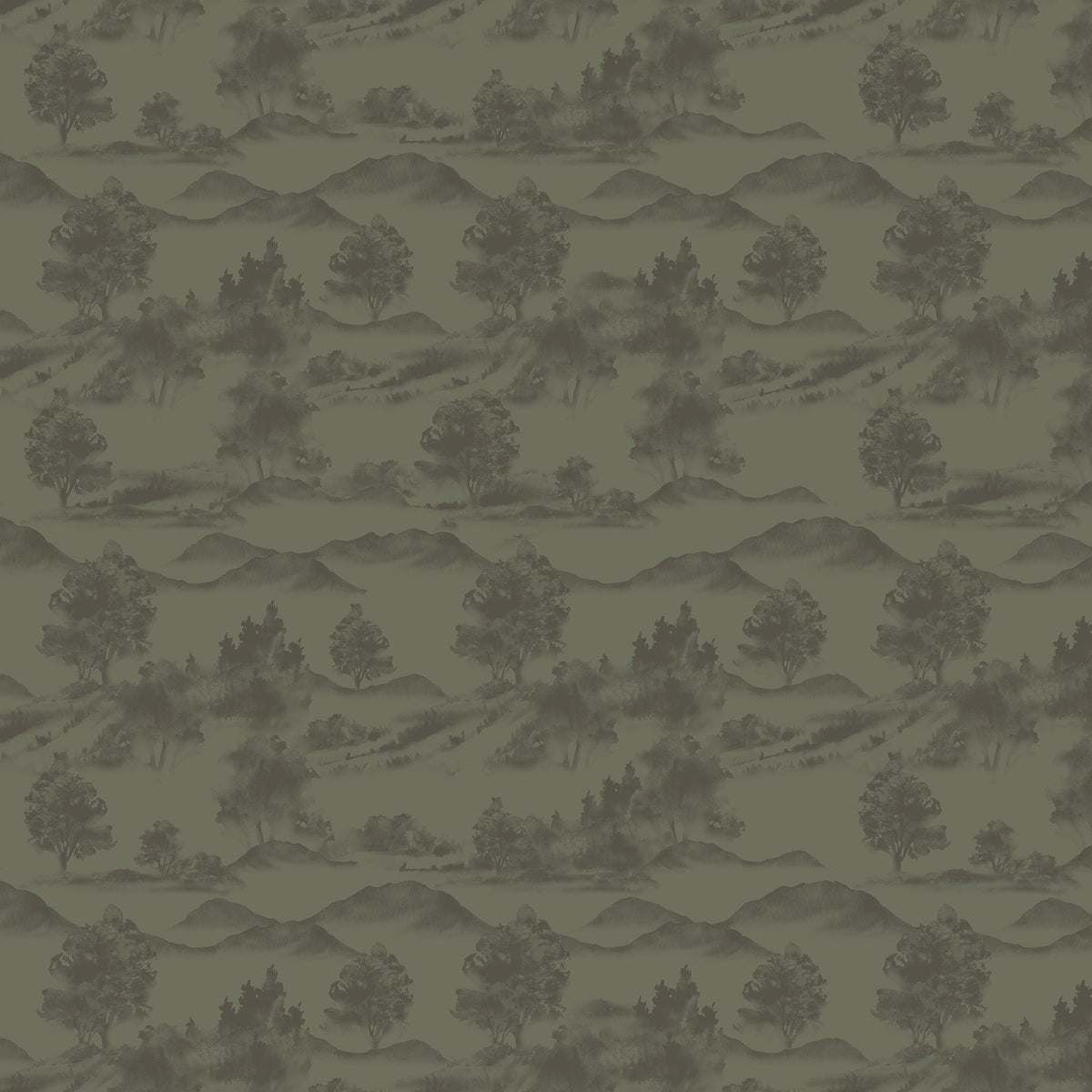 Olive green abstract contour wallpaper with earthy gray topographic lines behind a modern ribbed wood console table.