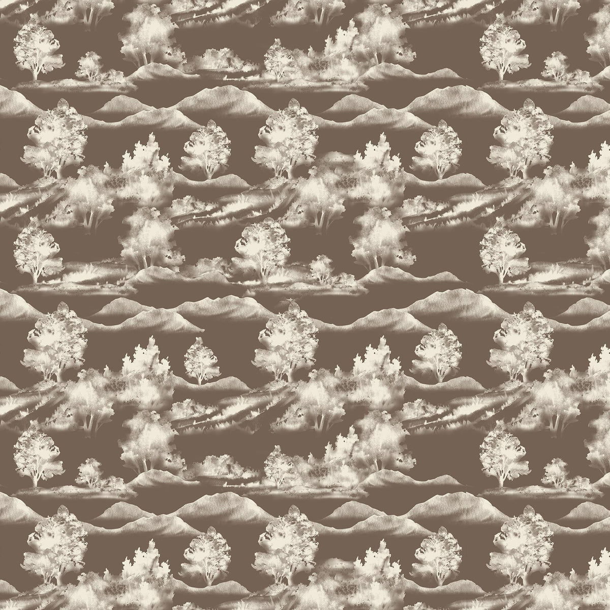 Dark taupe scenic landscape wallpaper with white trees and mountain silhouettes in a repeating pastoral pattern.