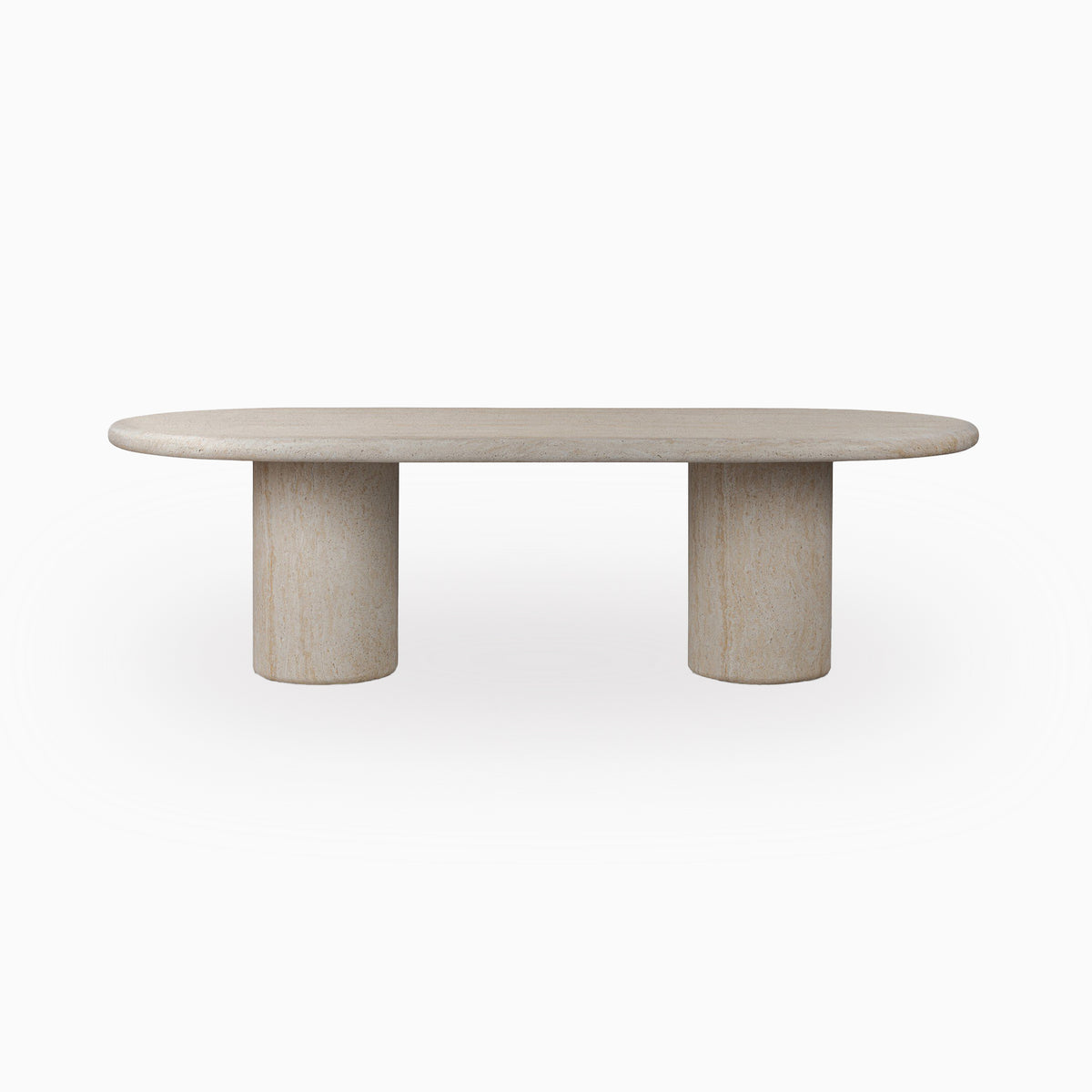 Our Seabrook Outdoor Dining Table 102" with a long oval beige speckled concrete top resting on two broad sandy concrete cylindrical pedestal bases on a white background.