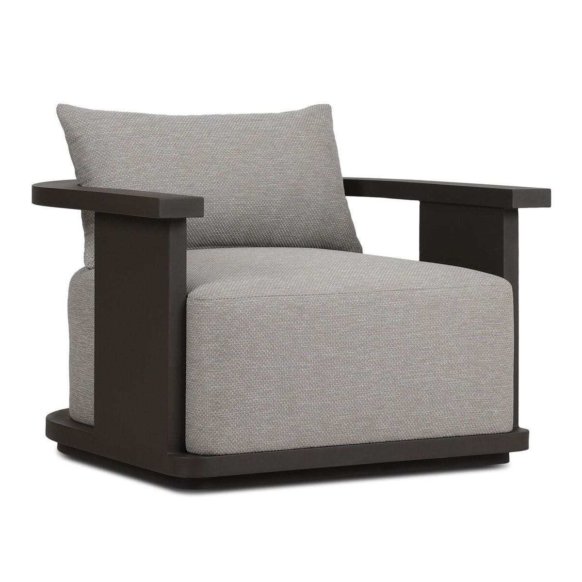 Modern outdoor swivel chair with black frame, wide arms, and textured gray cushions.