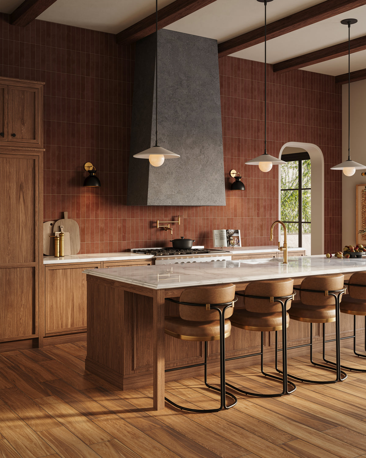 Modern rustic kitchen with terracotta subway tile walls, marble island with bar stools, sconces, pendant lights, oak cabinetry, and golden brown wood look plank tile flooring.