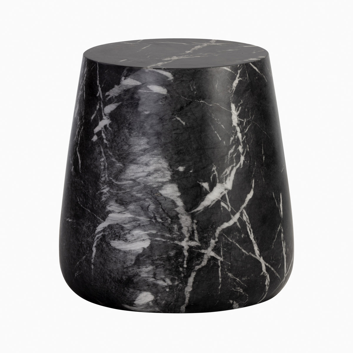 Bold white veining runs across the black tapered drum form of our Dante Outdoor End Table in Black, highlighting its natural marble-like surface detail.
