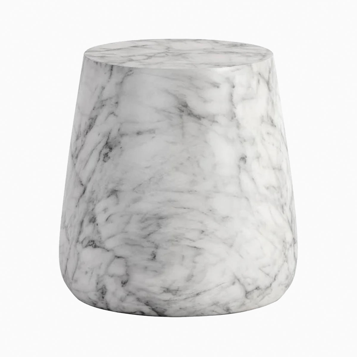A white tapered drum-shaped end table with striking gray and black veining defines our Dante Outdoor End Table in White, showing its sculptural rounded silhouette.
