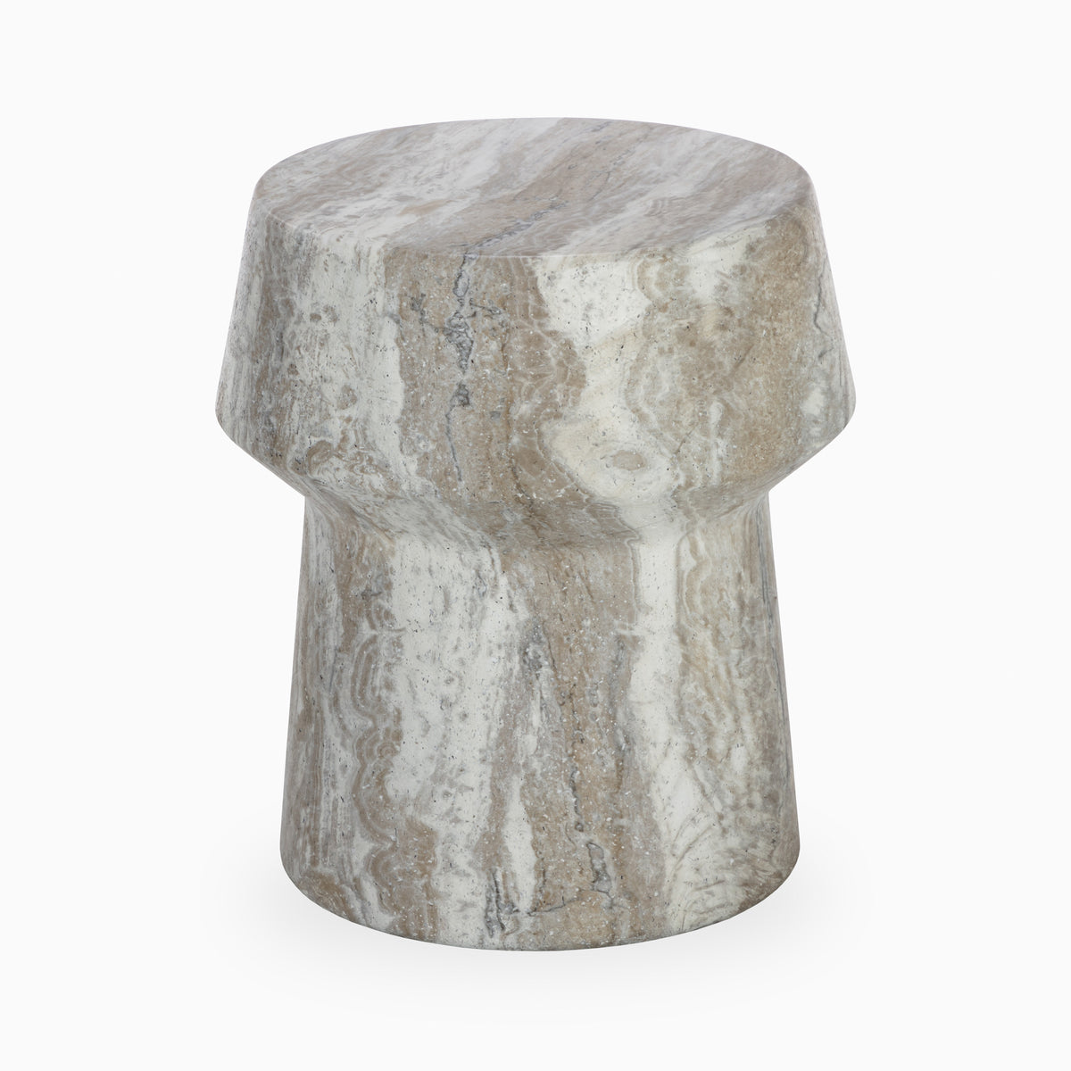 Sculptural round accent table in beige, cream, and gray marble-like stone with a polished finish, flat circular top, angled beveled shoulder, and cylindrical pedestal base on a plain white background.