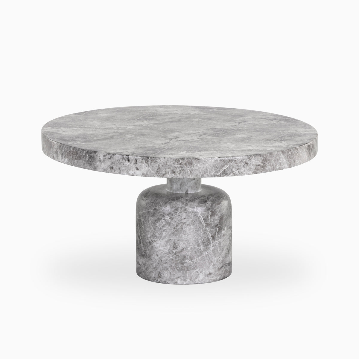 Balanced on a soft cylindrical concrete pedestal, our Marcello Outdoor Coffee Table in Gray features a wide round gray marble-look top with natural tonal shifts.