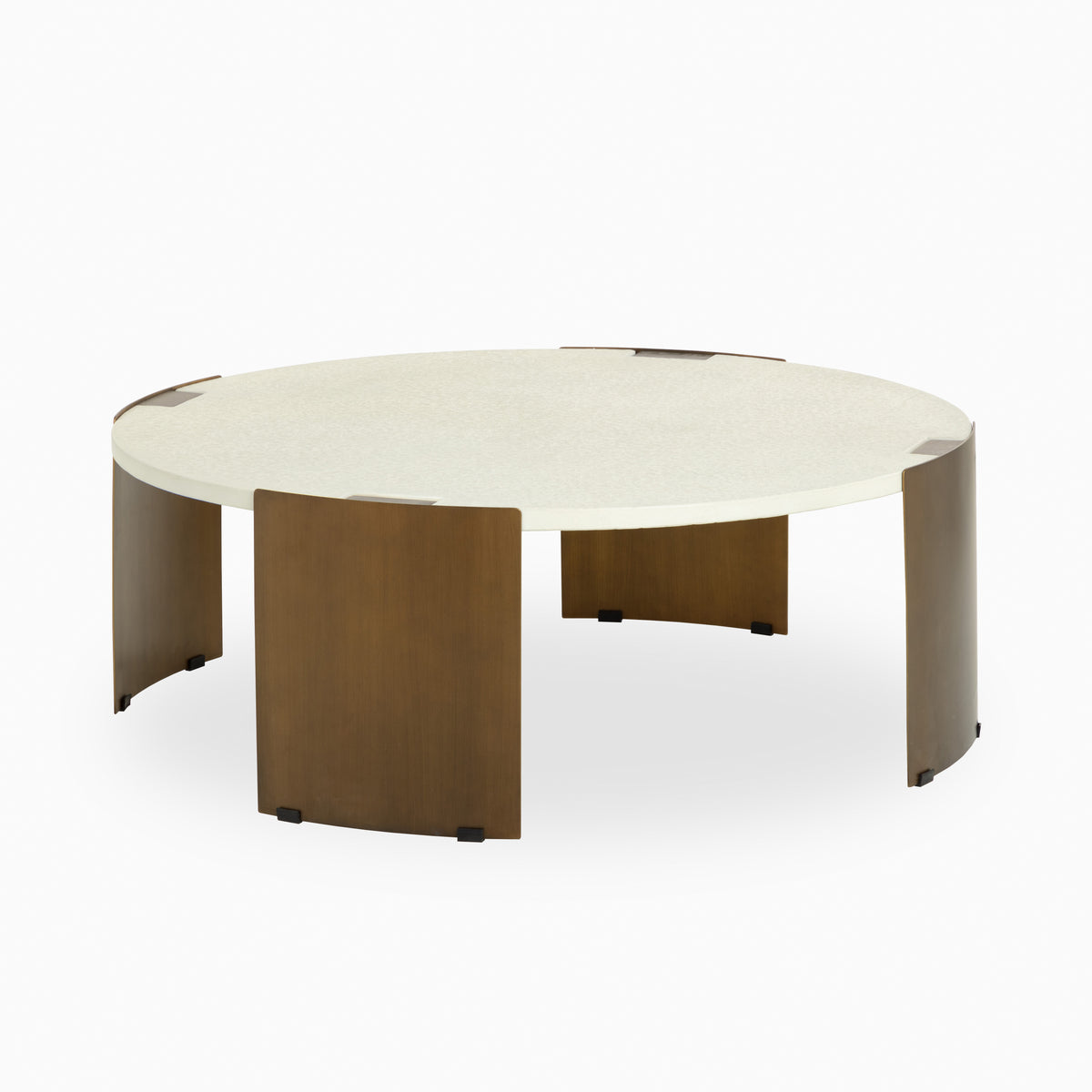 Round outdoor coffee table with a cream top and curved brown panel legs on a plain white background.