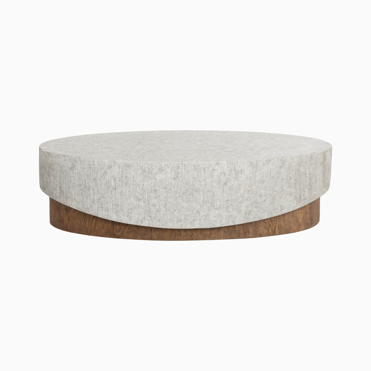 Concrete oval outdoor coffee table with gray marble look top and warm wood look base.