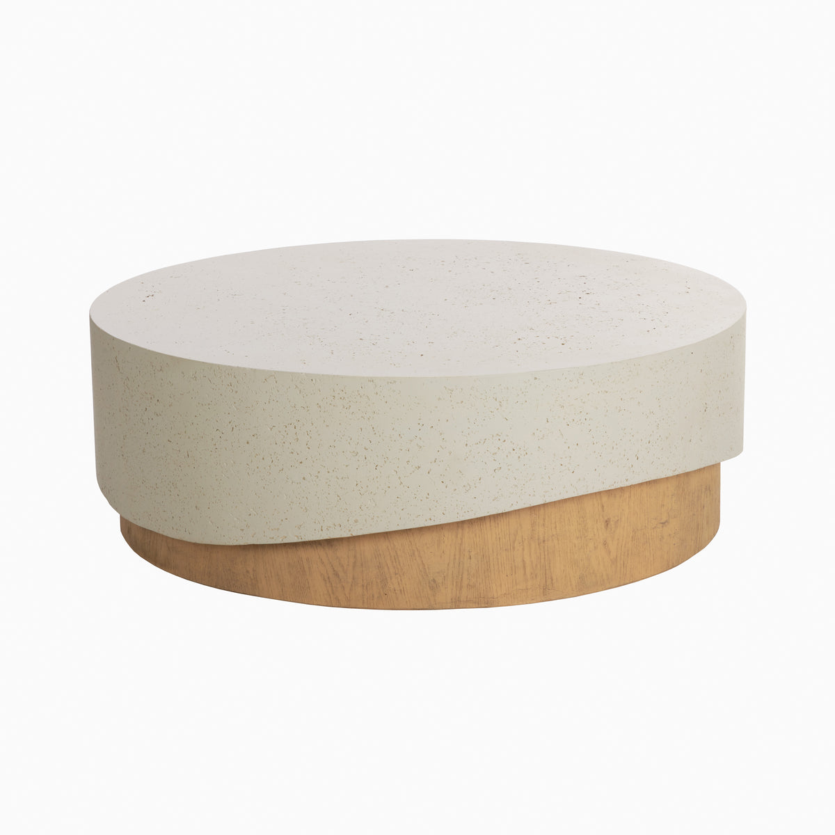 Concrete round outdoor coffee table with a textured beige top and warm wood look base.