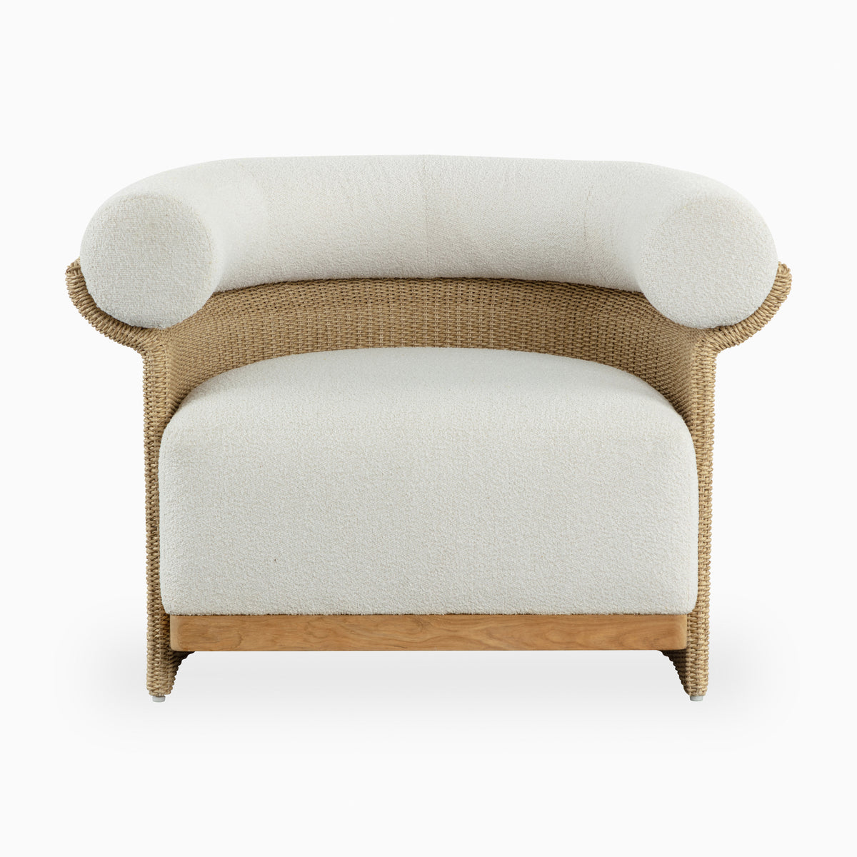 The curved honey brown wicker shell and plush white bolster backrest of our Serala Outdoor Lounge Chair in Cream rest on a warm light teak wood base against a white background.