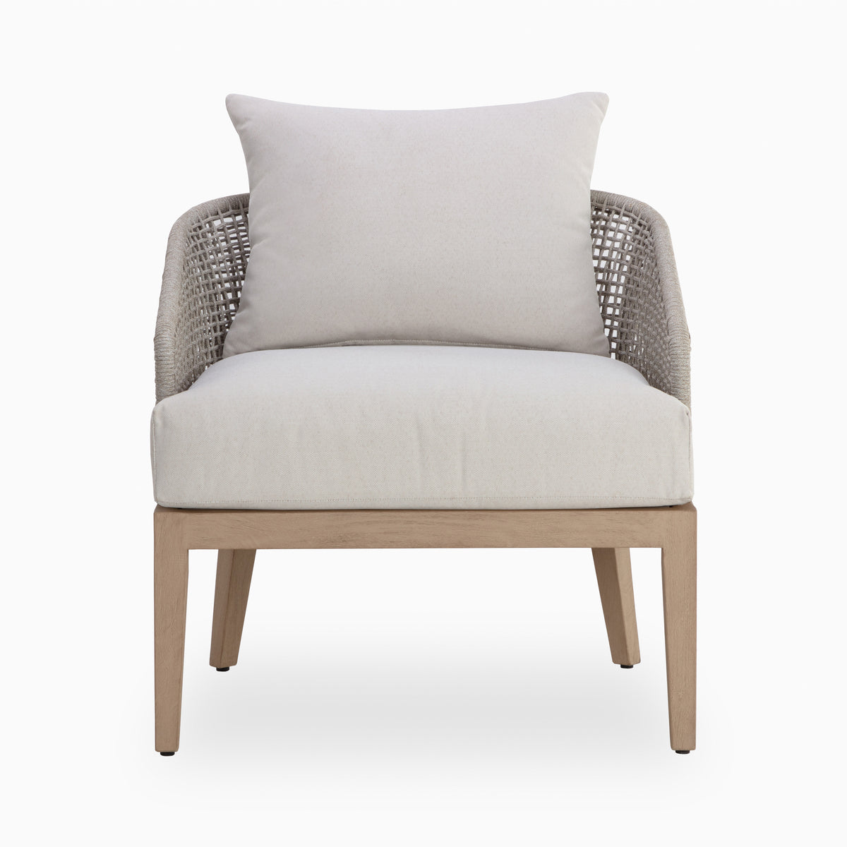 Outdoor lounge chair with a light natural wood frame, cream upholstered cushions, and curved arms wrapped in beige open-weave rope on a plain white background.