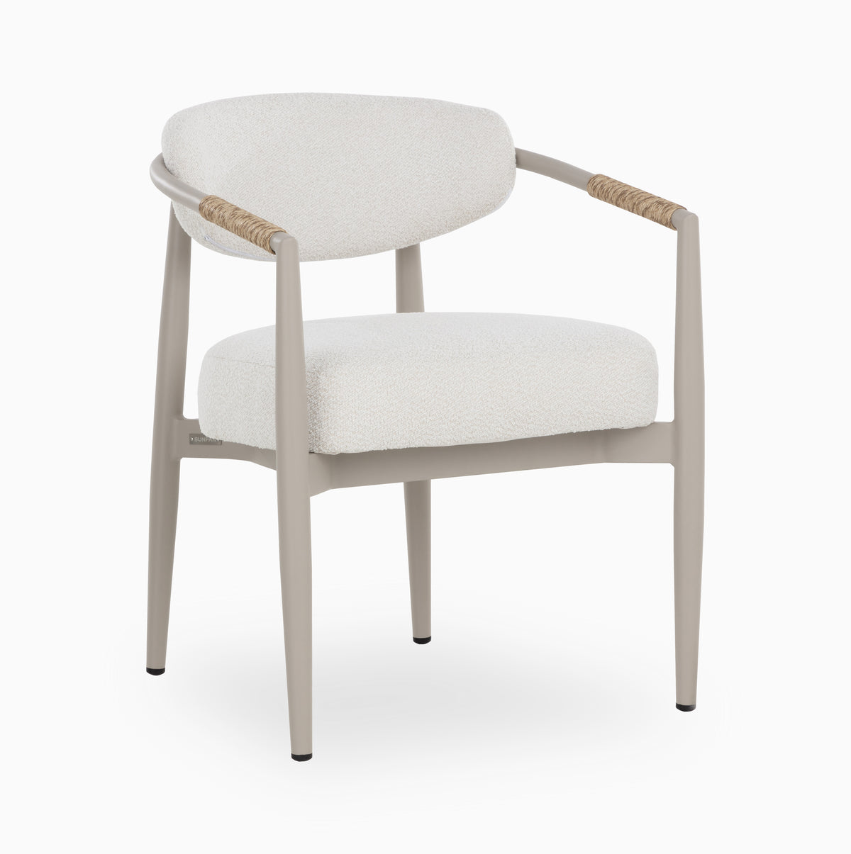 Outdoor dining chair with a warm beige aluminum frame, rounded cream bouclé-style upholstered seat and back cushions, woven natural rope wraps on the arms, and black foot glides on a plain white background.