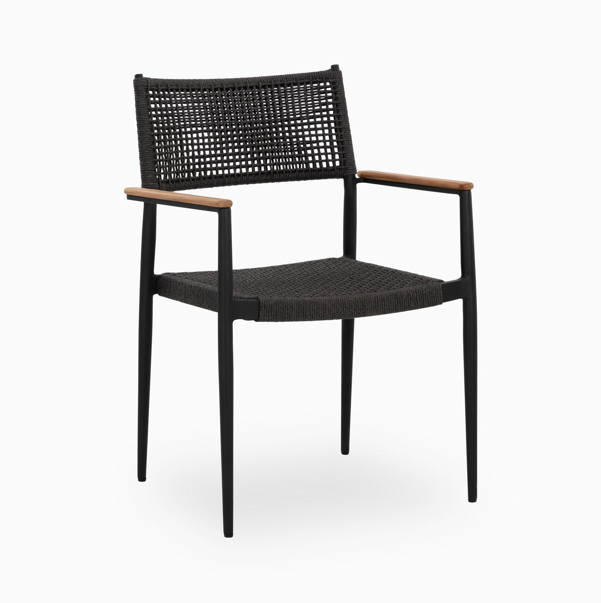 The dark gray woven rope back and seat of our Tavian Outdoor Dining Chair in Gray sit within a sleek black aluminum frame with warm light brown teak wood armrest caps.