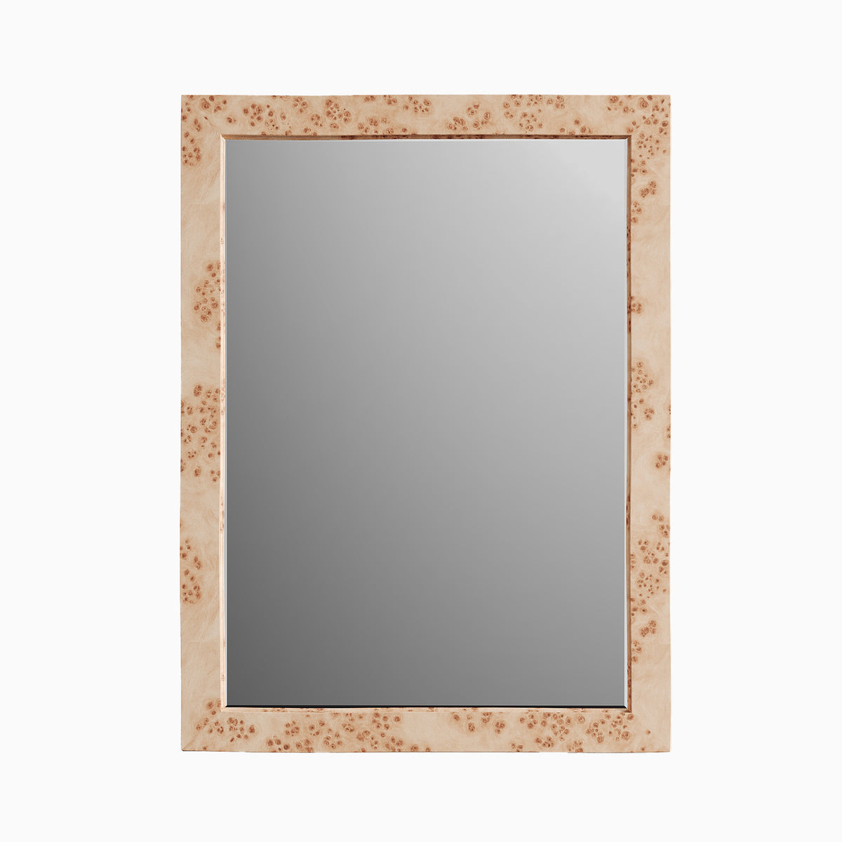 Rectangular mirror framed in burl wood veneer, highlighting swirling grain patterns and warm natural tonal variation.