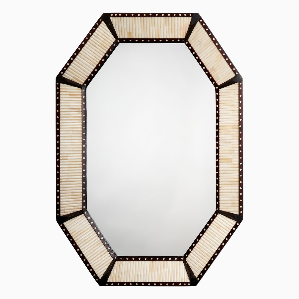 Octagonal wall mirror with dark mango wood frame and camel bone inlay panels, featuring linear texture and subtle stud detailing.