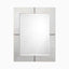 Rectangular mirror framed in white hair-on cowhide with organic texture and brown leather whip-stitch accents inspired by traditional saddlework.