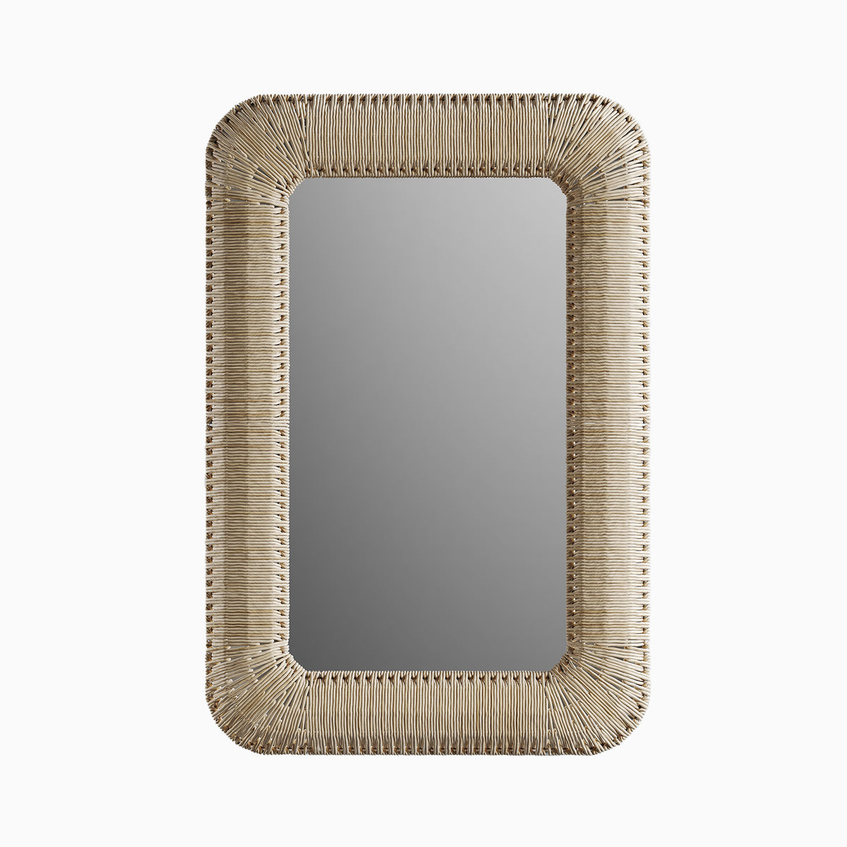 Rectangular mirror with rounded corners, wrapped in handwoven corn straw rope that adds natural texture and a refined tropical feel.