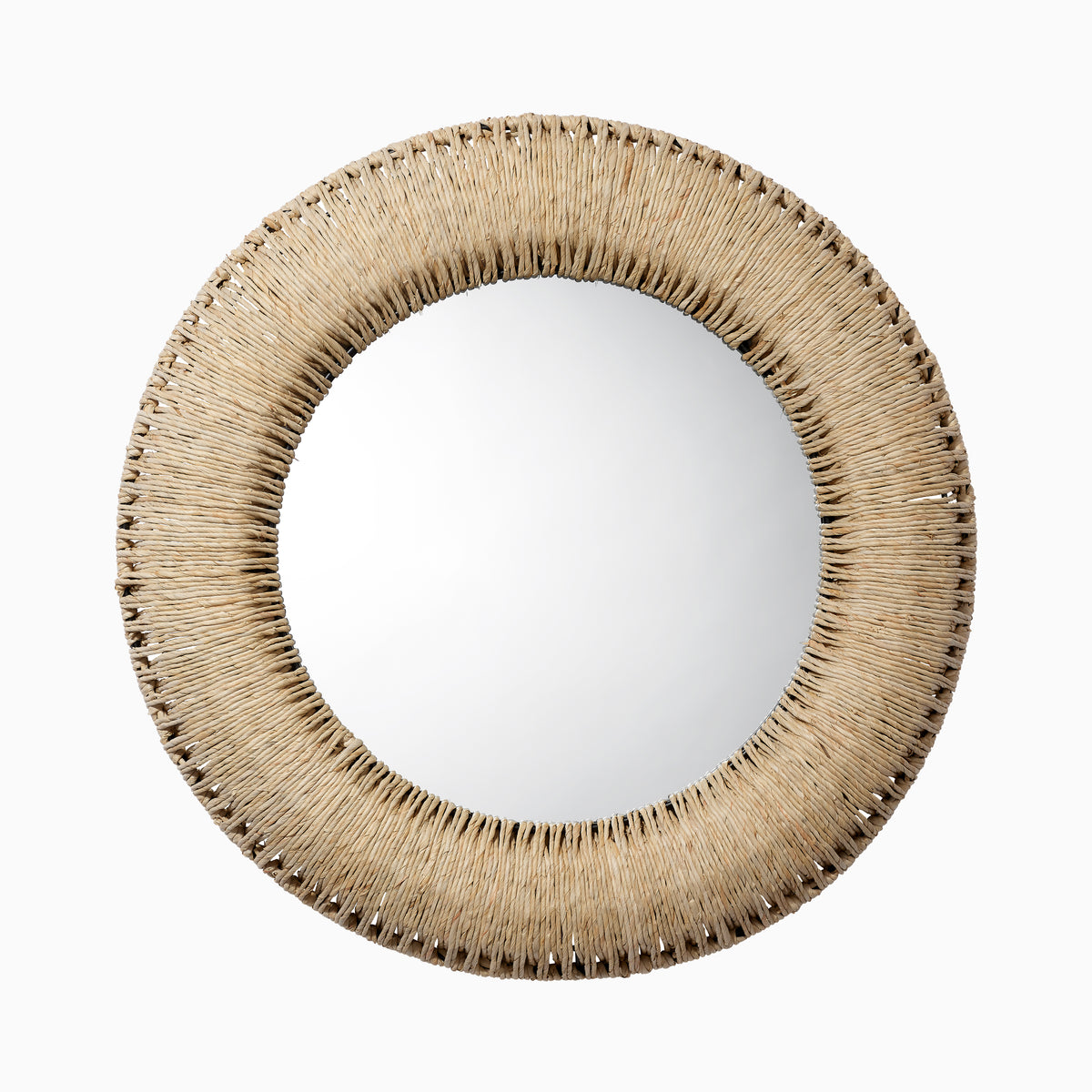 Round mirror with a thick, hand-wrapped corn straw rope frame in warm natural tones, showcasing layered texture and relaxed organic style.