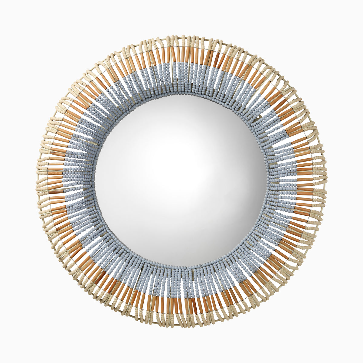 Round mirror framed by layers of hand-carved mango wood beads, creating a dimensional halo with soft blue-gray and warm natural tones.