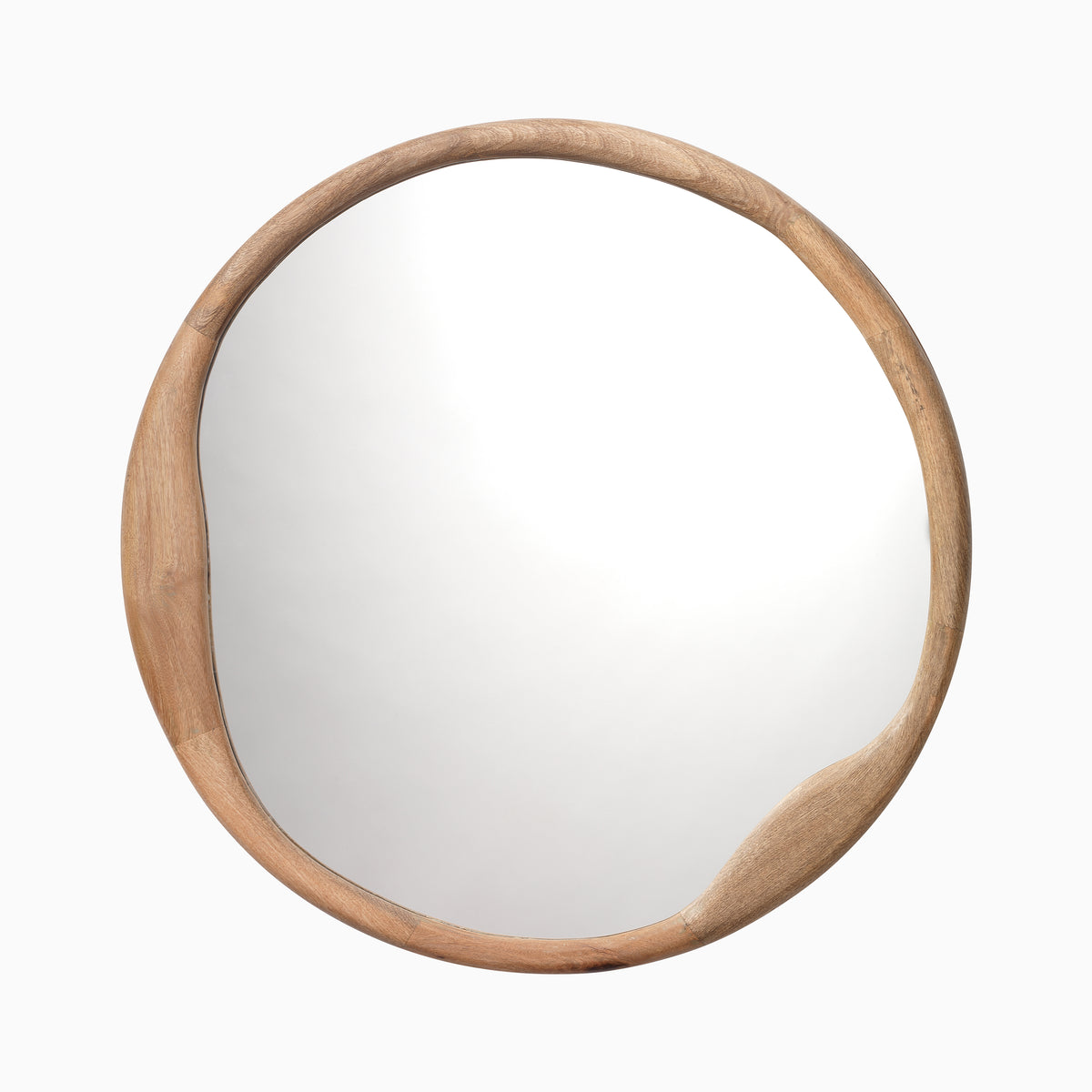 Round wall mirror with an organically shaped solid wood frame in a warm natural finish, featuring subtle curves that add sculptural character to a modern interior.