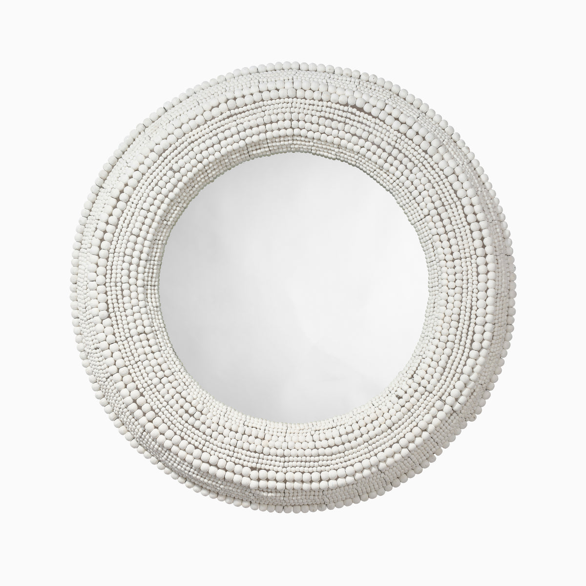 Round wall mirror framed with layered white mango wood beads, creating a richly textured, dimensional halo with natural organic variation.