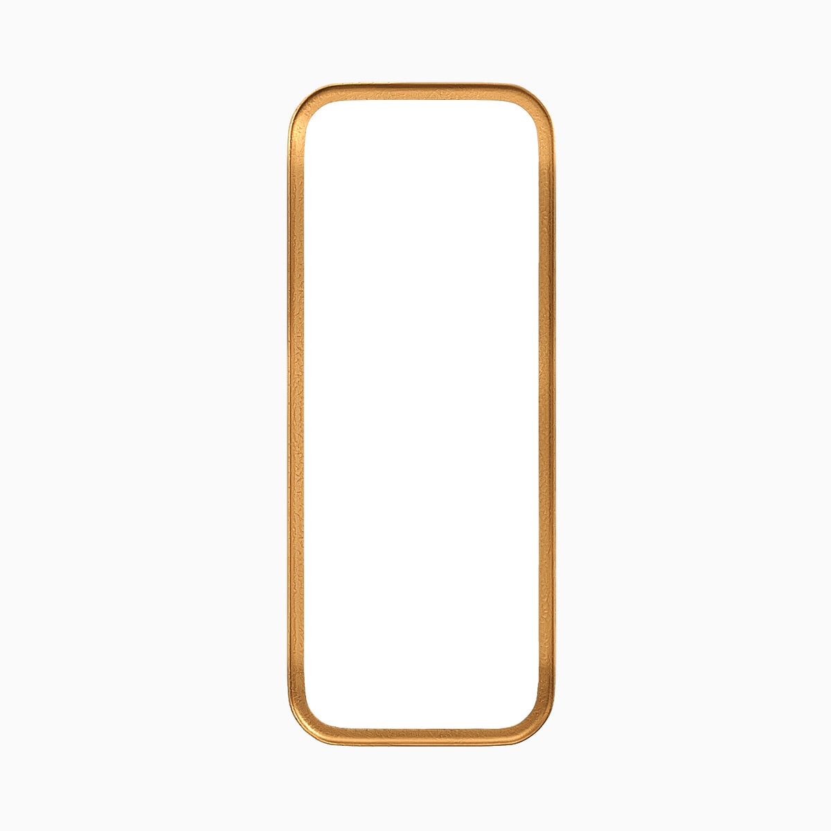 Elongated rounded rectangular mirror with a classic silhouette, framed by a narrow border in a rustic, warm metallic sheen.