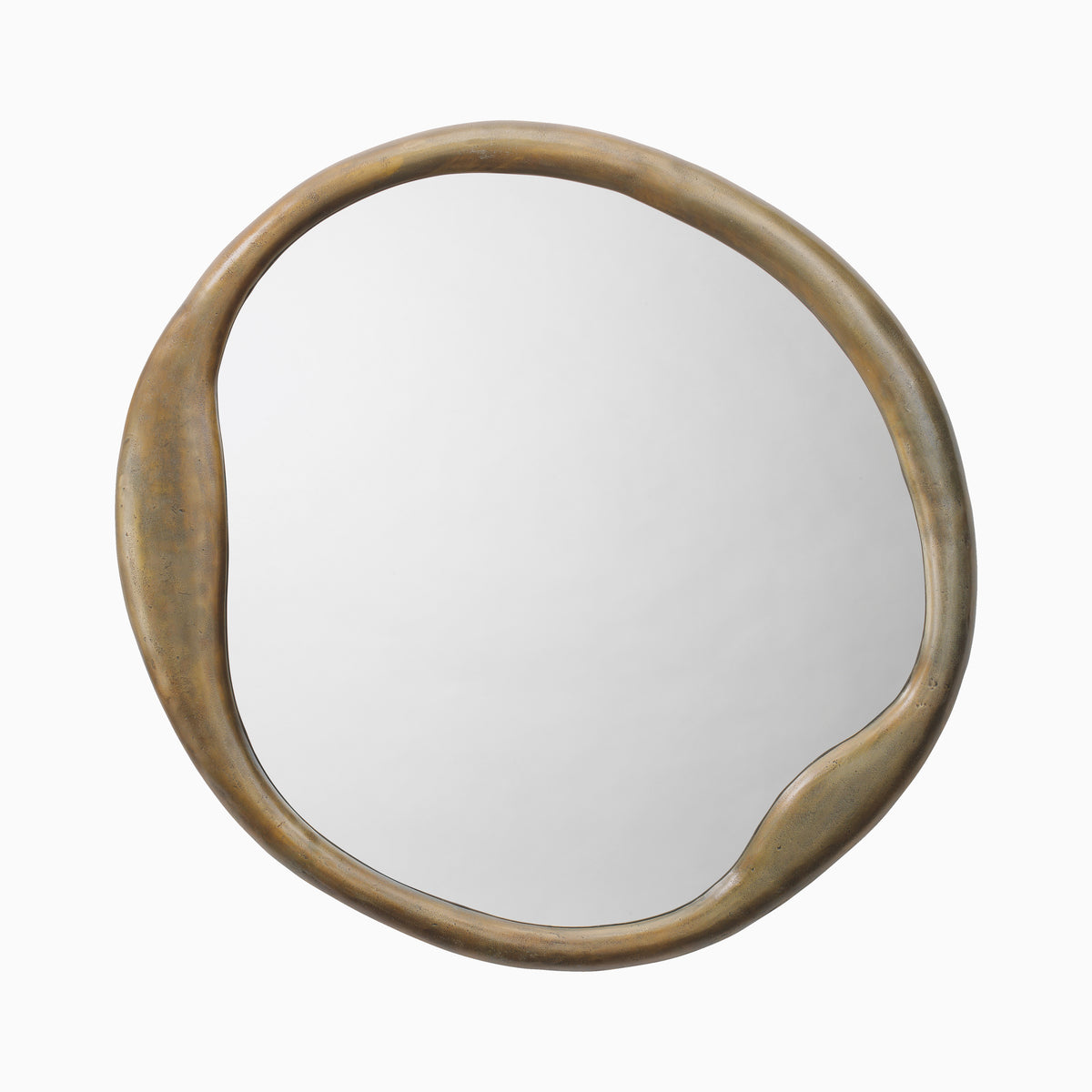 Round wall mirror with an organically shaped metal frame in an aged brass finish, featuring subtle patina and soft curves for a sculptural, modern look.