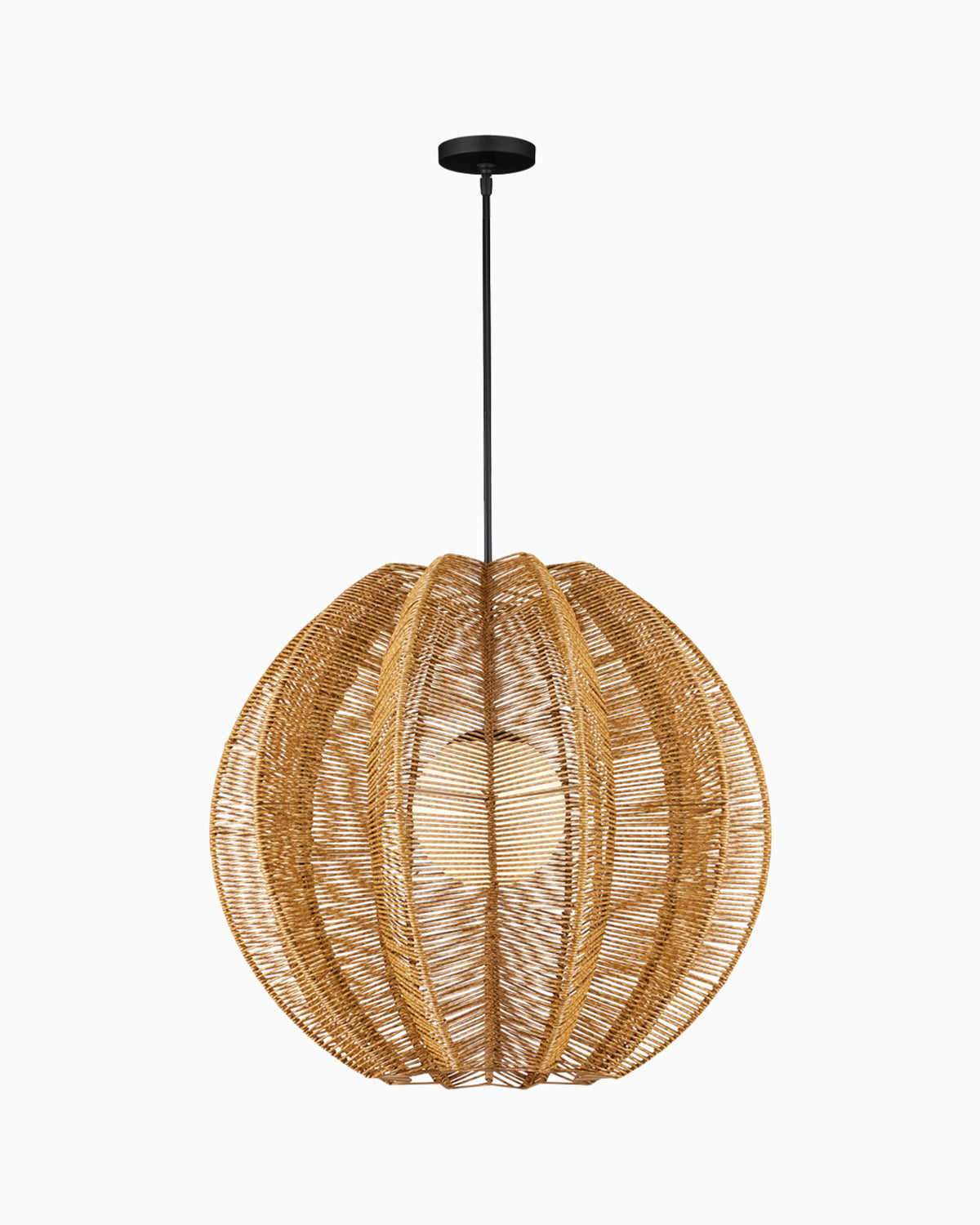 Suspended from a thin black rod, our Rivington Fluted Outdoor Pendant shows a hand-woven honey brown wicker starfruit shape with sharp vertical ribs and a glowing milk glass interior.