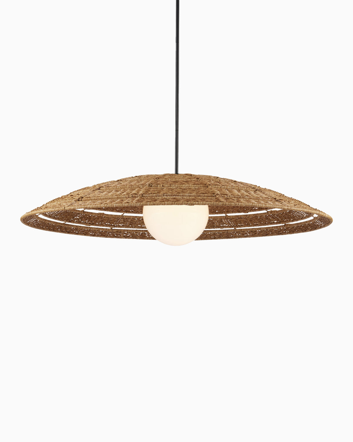 A wide shallow honey brown wicker dish shade with a tightly interlaced frame and a glowing white milk glass half-dome defines our Rivington Outdoor Pendant Large.